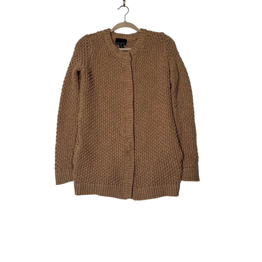 Cynthia Rowley size M cardigan beige lambswool blend snap-up pockets classiccore